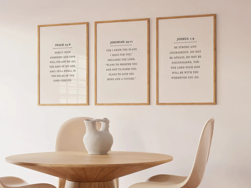 Anchor your home in faith with this inspiring Christian wall art set. This collection of three framed scripture prints features foundational promises from the Bible, offering daily reminders of God's goodness, plan, and ever-present help.