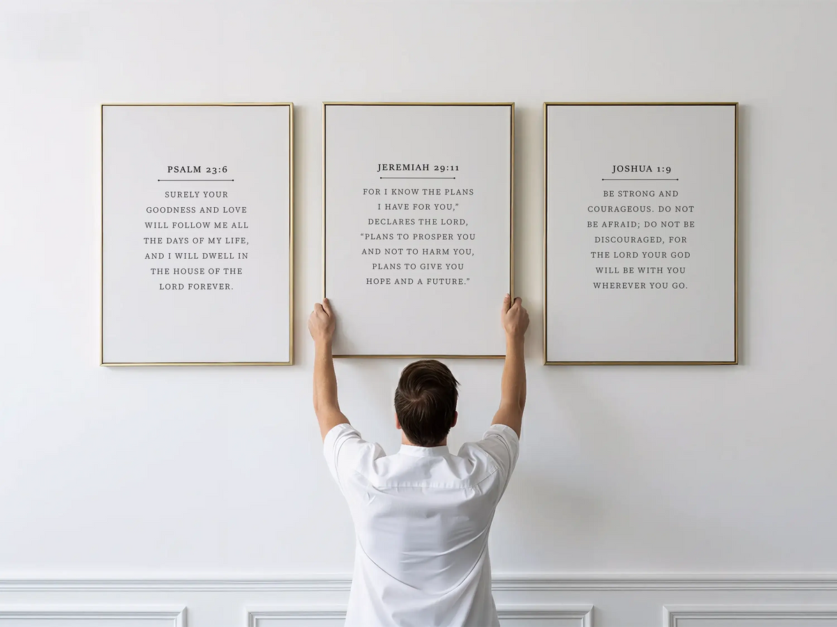Anchor your home in faith with this inspiring Christian wall art set. This collection of three framed scripture prints features foundational promises from the Bible, offering daily reminders of God's goodness, plan, and ever-present help.