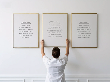 Anchor your home in faith with this inspiring Christian wall art set. This collection of three framed scripture prints features foundational promises from the Bible, offering daily reminders of God's goodness, plan, and ever-present help.