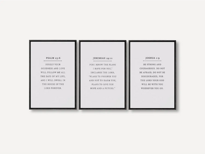 Anchor your home in faith with this inspiring Christian wall art set. This collection of three framed scripture prints features foundational promises from the Bible, offering daily reminders of God's goodness, plan, and ever-present help.