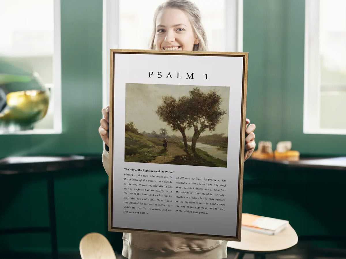 Anchor your life in true blessedness with this inspiring Christian canvas wall art. This framed canvas print features a peaceful landscape painting paired with the complete, foundational text of Psalm 1, the definition of a righteous life.