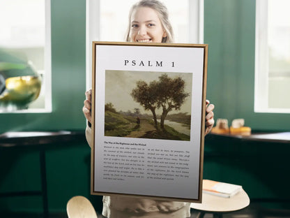Anchor your life in true blessedness with this inspiring Christian canvas wall art. This framed canvas print features a peaceful landscape painting paired with the complete, foundational text of Psalm 1, the definition of a righteous life.