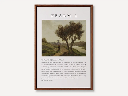 Anchor your life in true blessedness with this inspiring Christian canvas wall art. This framed canvas print features a peaceful landscape painting paired with the complete, foundational text of Psalm 1, the definition of a righteous life.