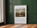 Fill your home with the spirit of gratitude and joyful worship with this inspiring Christian canvas wall art. This framed canvas print features the complete, foundational text of Psalm 100, paired with a beautiful, serene landscape painting.