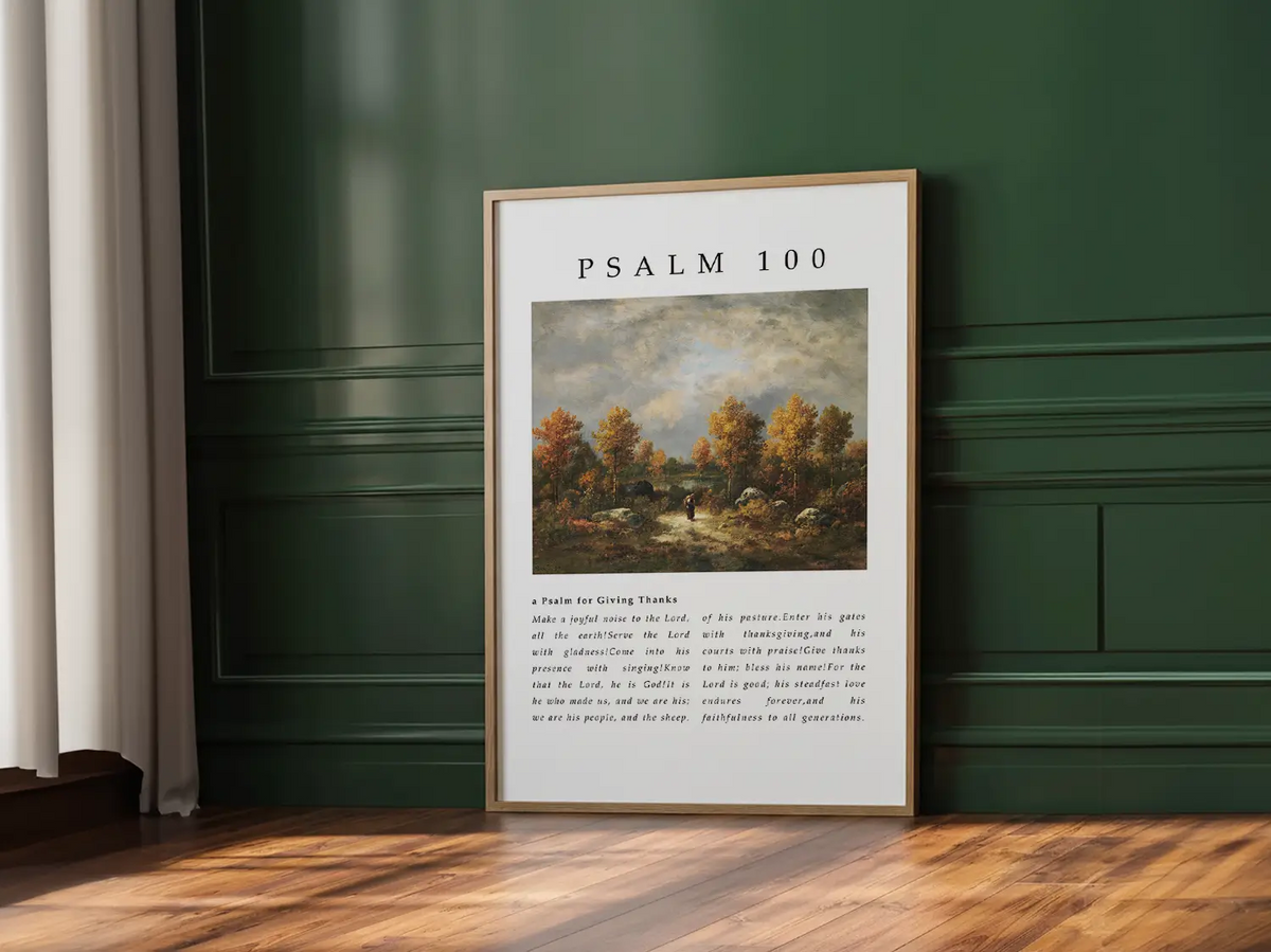 Fill your home with the spirit of gratitude and joyful worship with this inspiring Christian canvas wall art. This framed canvas print features the complete, foundational text of Psalm 100, paired with a beautiful, serene landscape painting.