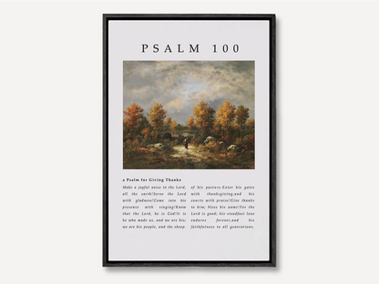 Fill your home with the spirit of gratitude and joyful worship with this inspiring Christian canvas wall art. This framed canvas print features the complete, foundational text of Psalm 100, paired with a beautiful, serene landscape painting.