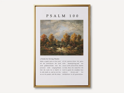 Fill your home with the spirit of gratitude and joyful worship with this inspiring Christian canvas wall art. This framed canvas print features the complete, foundational text of Psalm 100, paired with a beautiful, serene landscape painting.