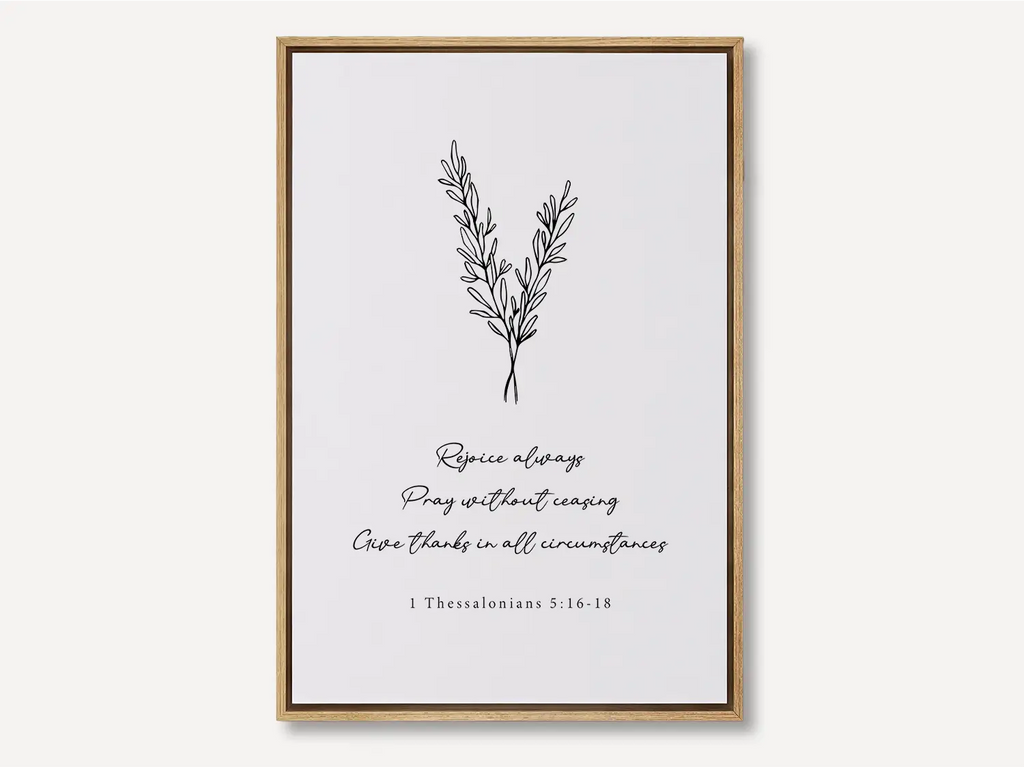 Minimalist Christian canvas wall art with botanical line illustration and Bible verse Rejoice Always 1 Thessalonians 5:16–18 in framed design