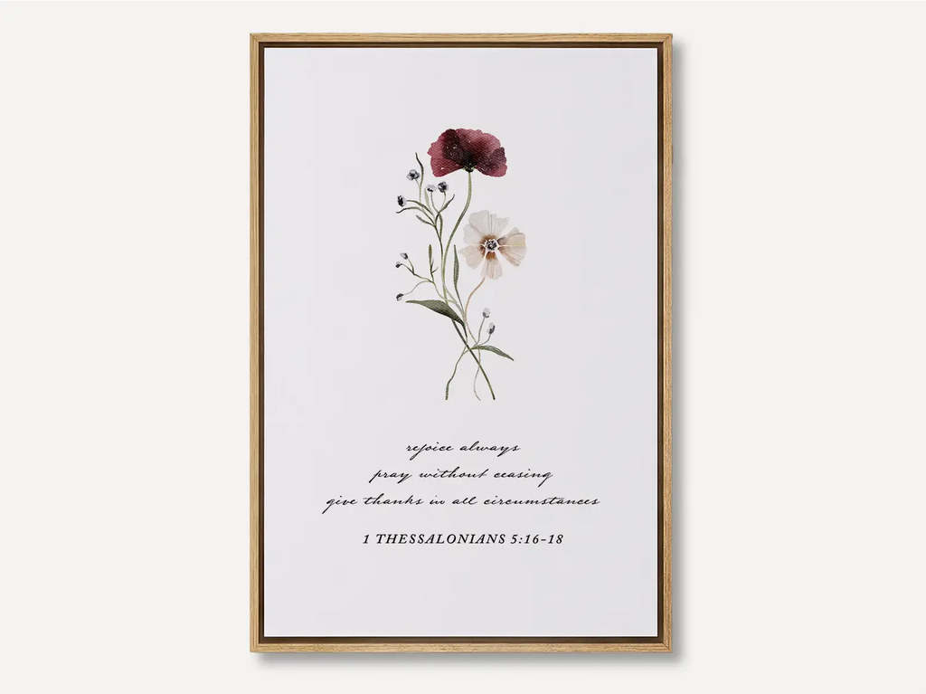 Rejoice Always Christian floral canvas wall art with scripture from 1 Thessalonians 5:16–18