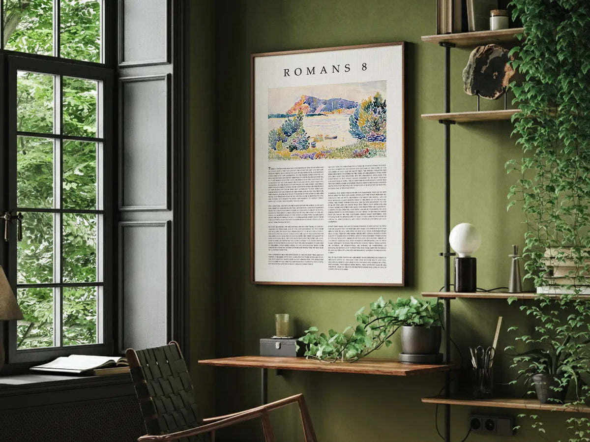 Romans 8 Bible verse wall art displayed in a Christian home study