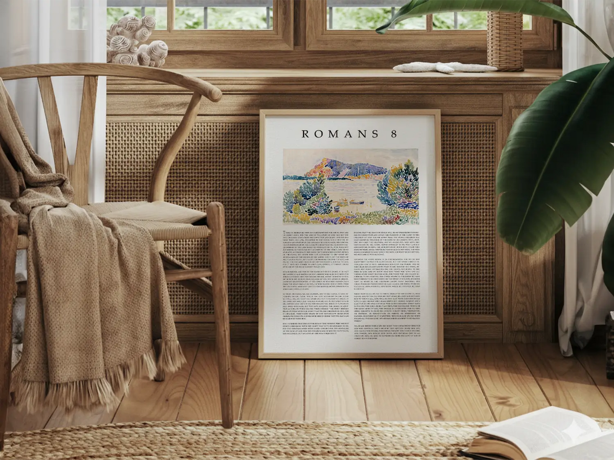 Anchor your home in the ultimate assurance of salvation with this inspiring Christian canvas wall art. This framed canvas print features the complete, foundational text of Romans 8, paired with a beautiful, serene landscape painting.