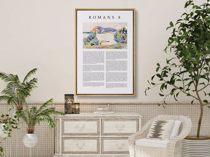 Anchor your home in the ultimate assurance of salvation with this inspiring Christian canvas wall art. This framed canvas print features the complete, foundational text of Romans 8, paired with a beautiful, serene landscape painting.