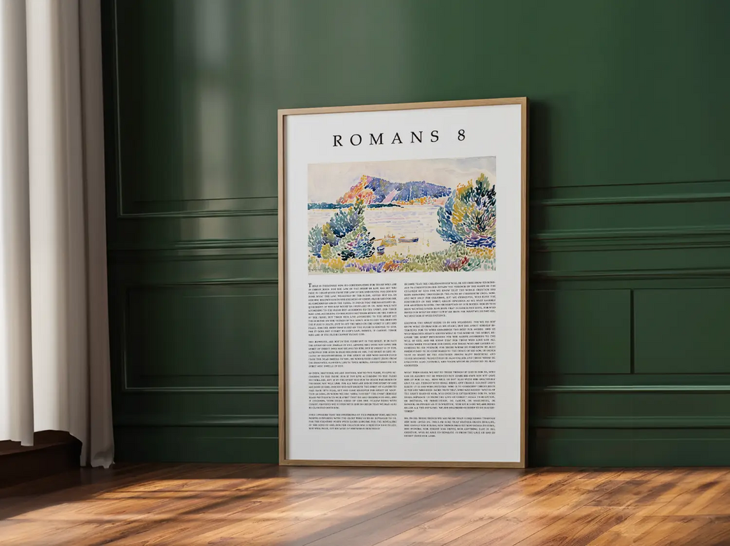 Anchor your home in the ultimate assurance of salvation with this inspiring Christian canvas wall art. This framed canvas print features the complete, foundational text of Romans 8, paired with a beautiful, serene landscape painting.