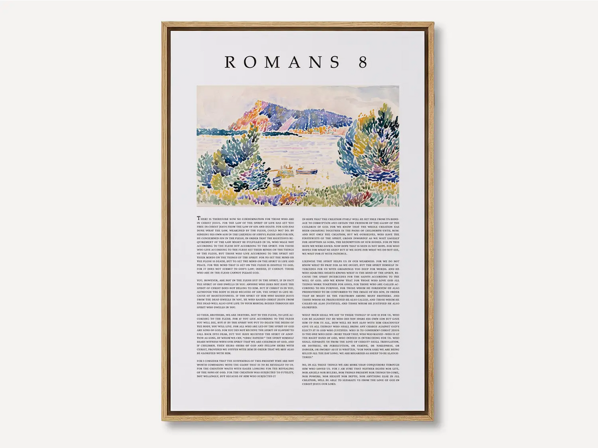 Romans 8 full chapter scripture wall art on framed Christian canvas