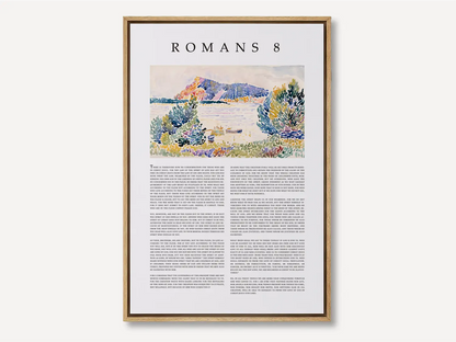Anchor your home in the ultimate assurance of salvation with this inspiring Christian canvas wall art. This framed canvas print features the complete, foundational text of Romans 8, paired with a beautiful, serene landscape painting.