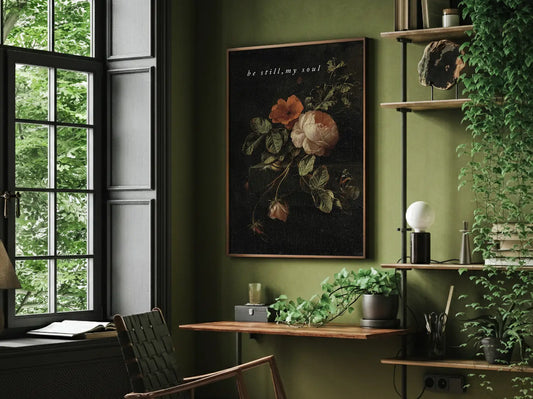 Invite deep tranquility and faith into your home with this inspiring Christian canvas wall art. This framed canvas print features a dramatic, dark floral painting paired with the comforting command: “Be still, my soul.”