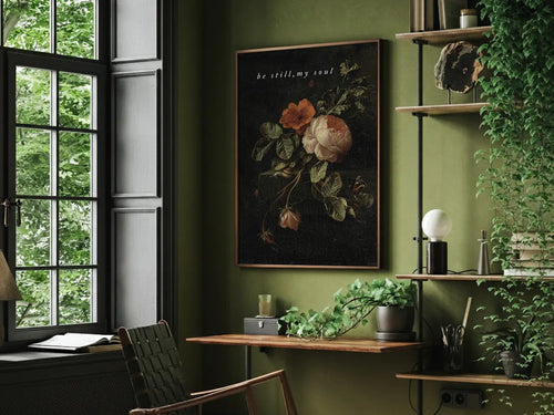 Invite deep tranquility and faith into your home with this inspiring Christian canvas wall art. This framed canvas print features a dramatic, dark floral painting paired with the comforting command: “Be still, my soul.”
