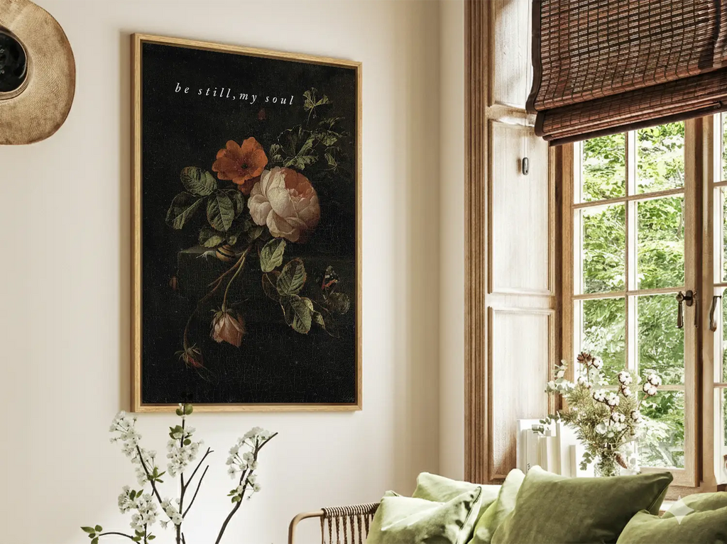 Dark floral Christian scripture canvas wall art displayed in a vintage living room