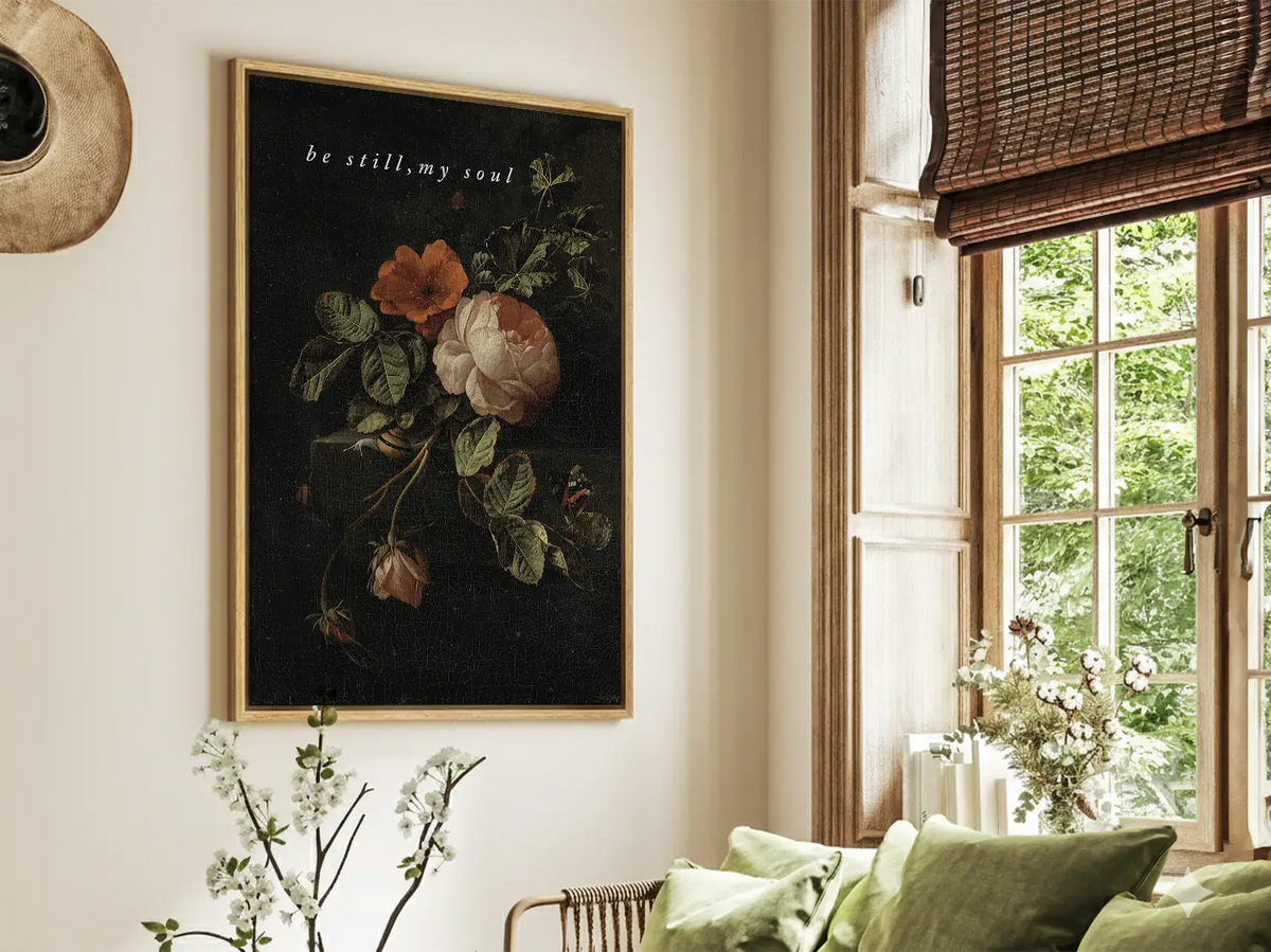 Dark floral Christian scripture canvas wall art displayed in a vintage living room