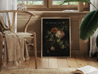 Invite deep tranquility and faith into your home with this inspiring Christian canvas wall art. This framed canvas print features a dramatic, dark floral painting paired with the comforting command: “Be still, my soul.”