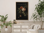 Invite deep tranquility and faith into your home with this inspiring Christian canvas wall art. This framed canvas print features a dramatic, dark floral painting paired with the comforting command: “Be still, my soul.”
