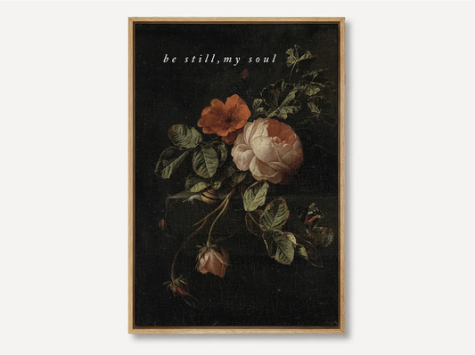 Invite deep tranquility and faith into your home with this inspiring Christian canvas wall art. This framed canvas print features a dramatic, dark floral painting paired with the comforting command: “Be still, my soul.”