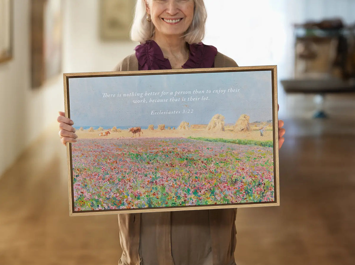 Celebrate the blessing of daily life with this inspiring Christian wall art. This framed print features a vibrant, pastoral field painting paired with the ancient wisdom from Ecclesiastes 3:22 about enjoying the work God has given you.