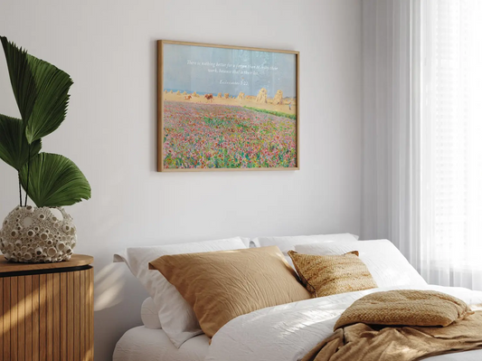 Celebrate the blessing of daily life with this inspiring Christian wall art. This framed print features a vibrant, pastoral field painting paired with the ancient wisdom from Ecclesiastes 3:22 about enjoying the work God has given you.