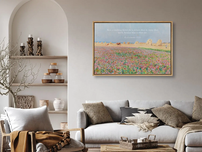 Celebrate the blessing of daily life with this inspiring Christian wall art. This framed print features a vibrant, pastoral field painting paired with the ancient wisdom from Ecclesiastes 3:22 about enjoying the work God has given you.