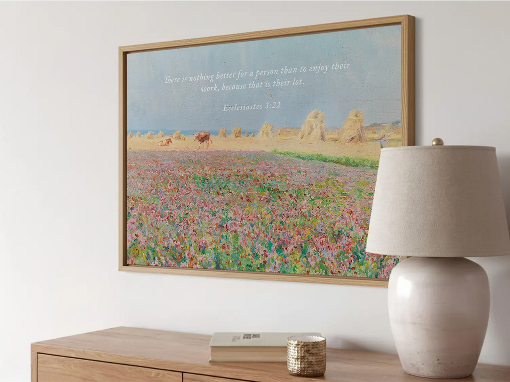 Celebrate the blessing of daily life with this inspiring Christian wall art. This framed print features a vibrant, pastoral field painting paired with the ancient wisdom from Ecclesiastes 3:22 about enjoying the work God has given you.
