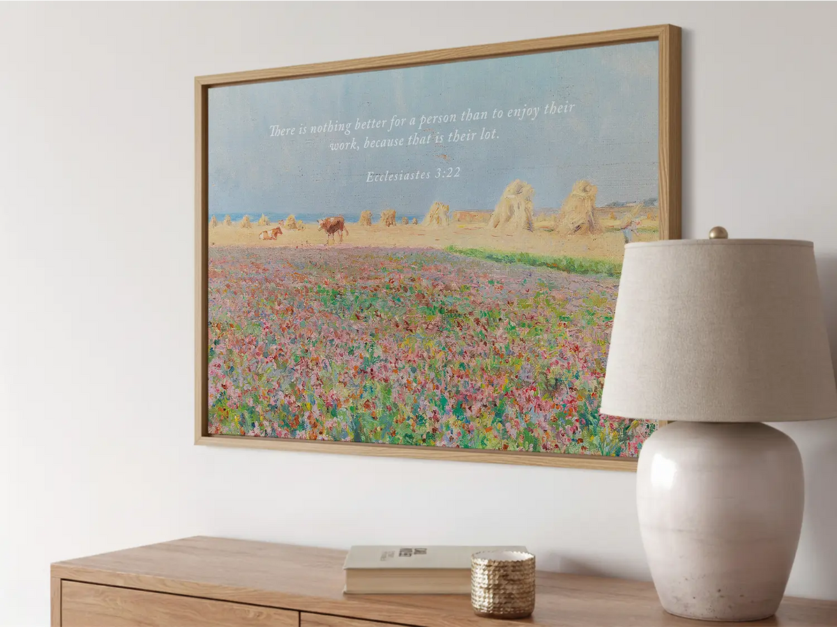 Celebrate the blessing of daily life with this inspiring Christian wall art. This framed print features a vibrant, pastoral field painting paired with the ancient wisdom from Ecclesiastes 3:22 about enjoying the work God has given you.