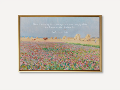 Celebrate the blessing of daily life with this inspiring Christian wall art. This framed print features a vibrant, pastoral field painting paired with the ancient wisdom from Ecclesiastes 3:22 about enjoying the work God has given you.