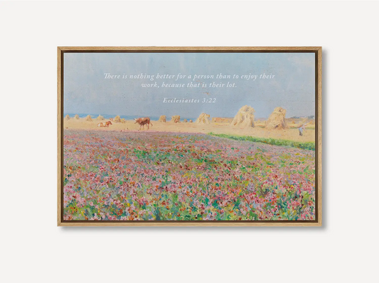 Celebrate the blessing of daily life with this inspiring Christian wall art. This framed print features a vibrant, pastoral field painting paired with the ancient wisdom from Ecclesiastes 3:22 about enjoying the work God has given you.