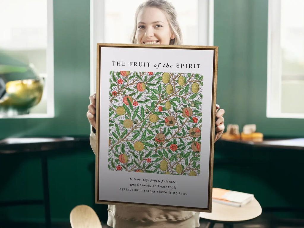 Anchor your home in Christ-like character with this inspiring Christian canvas wall art. This framed canvas print features a rich, detailed botanical pattern paired with the complete list of the Fruit of the Spirit from Galatians 5:22-23.