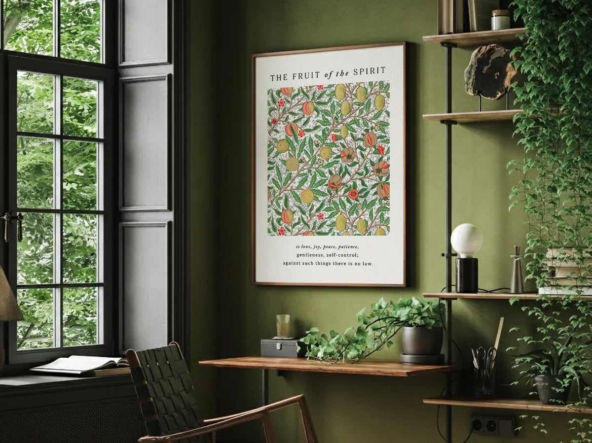 Anchor your home in Christ-like character with this inspiring Christian canvas wall art. This framed canvas print features a rich, detailed botanical pattern paired with the complete list of the Fruit of the Spirit from Galatians 5:22-23.