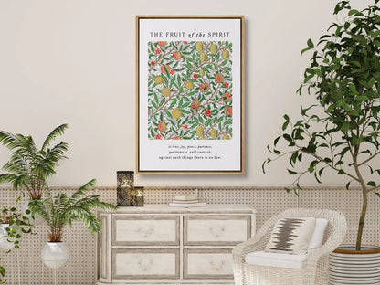 Anchor your home in Christ-like character with this inspiring Christian canvas wall art. This framed canvas print features a rich, detailed botanical pattern paired with the complete list of the Fruit of the Spirit from Galatians 5:22-23.