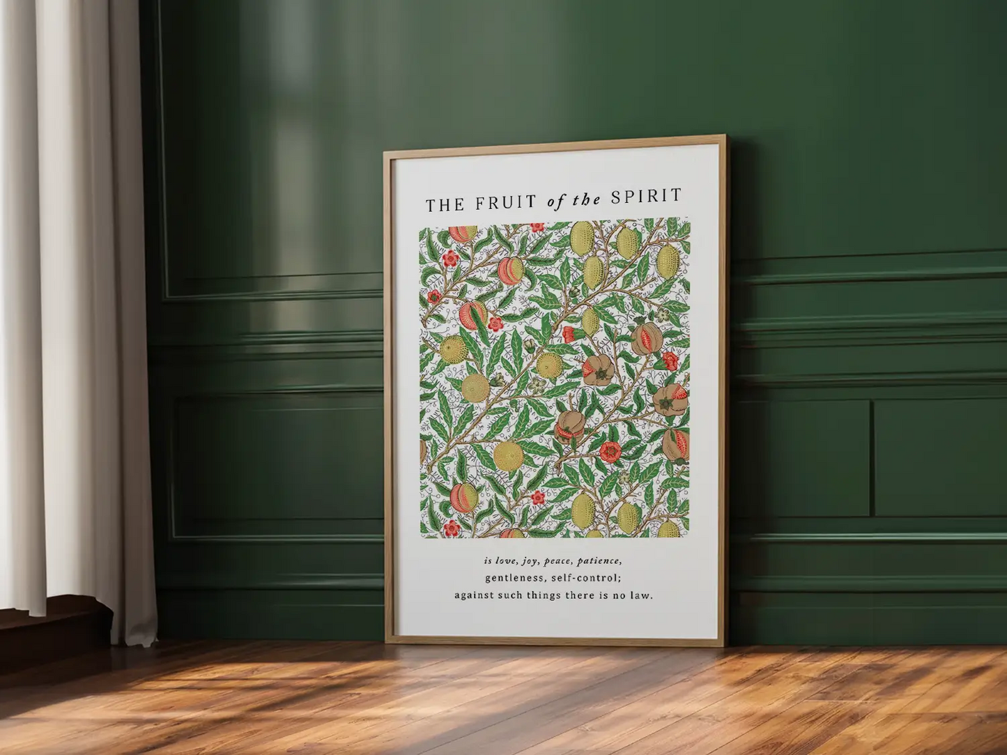 Anchor your home in Christ-like character with this inspiring Christian canvas wall art. This framed canvas print features a rich, detailed botanical pattern paired with the complete list of the Fruit of the Spirit from Galatians 5:22-23.