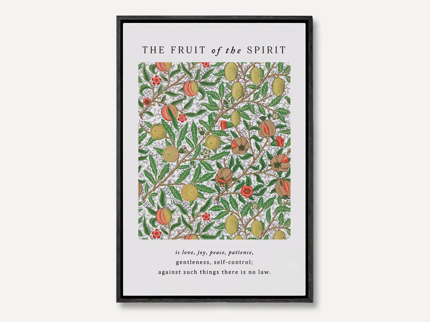 Anchor your home in Christ-like character with this inspiring Christian canvas wall art. This framed canvas print features a rich, detailed botanical pattern paired with the complete list of the Fruit of the Spirit from Galatians 5:22-23.