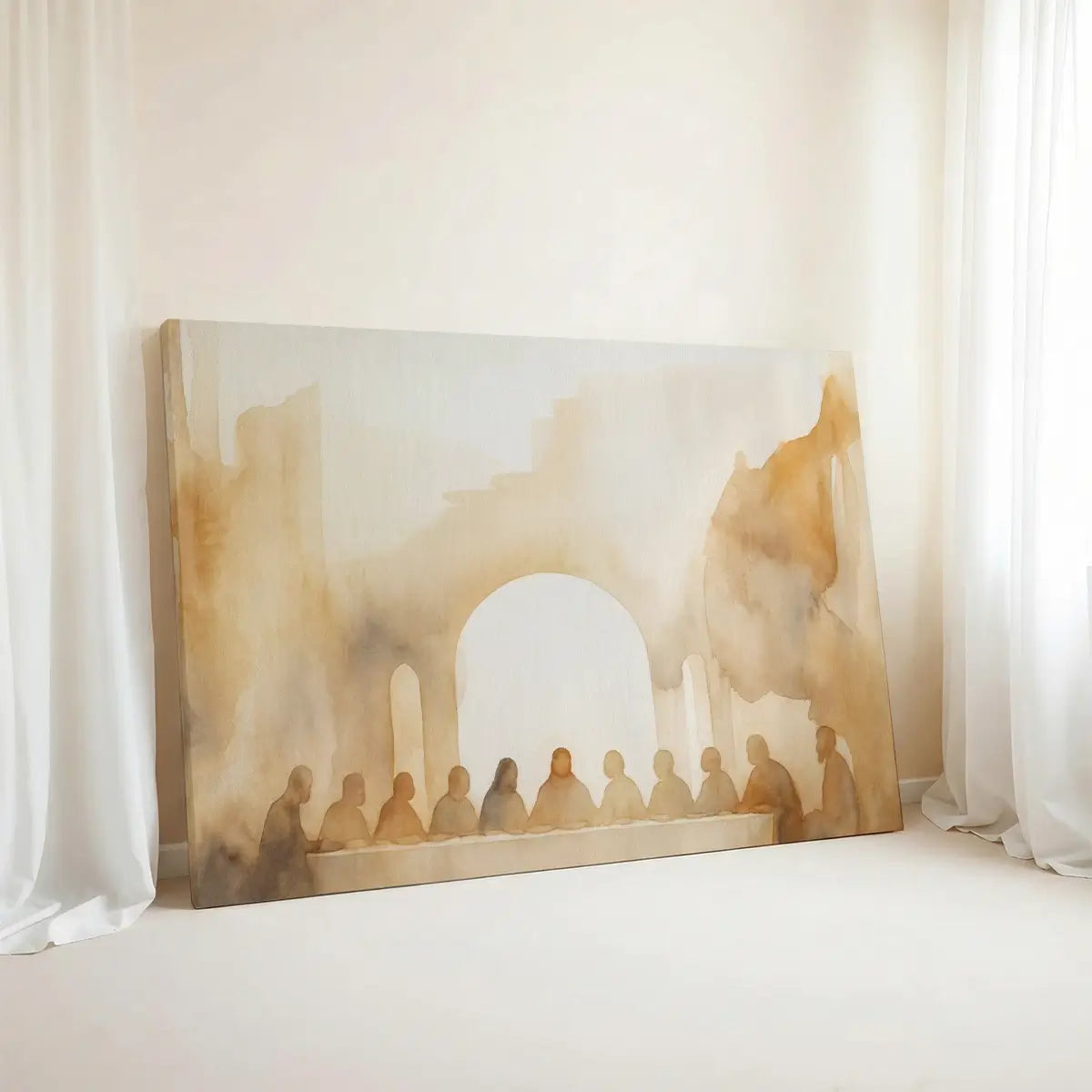 Narrative Christian canvas wall art depicting the Last Supper in minimalist watercolor style