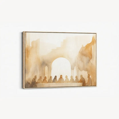 Narrative Christian canvas wall art depicting the Last Supper in minimalist watercolor style