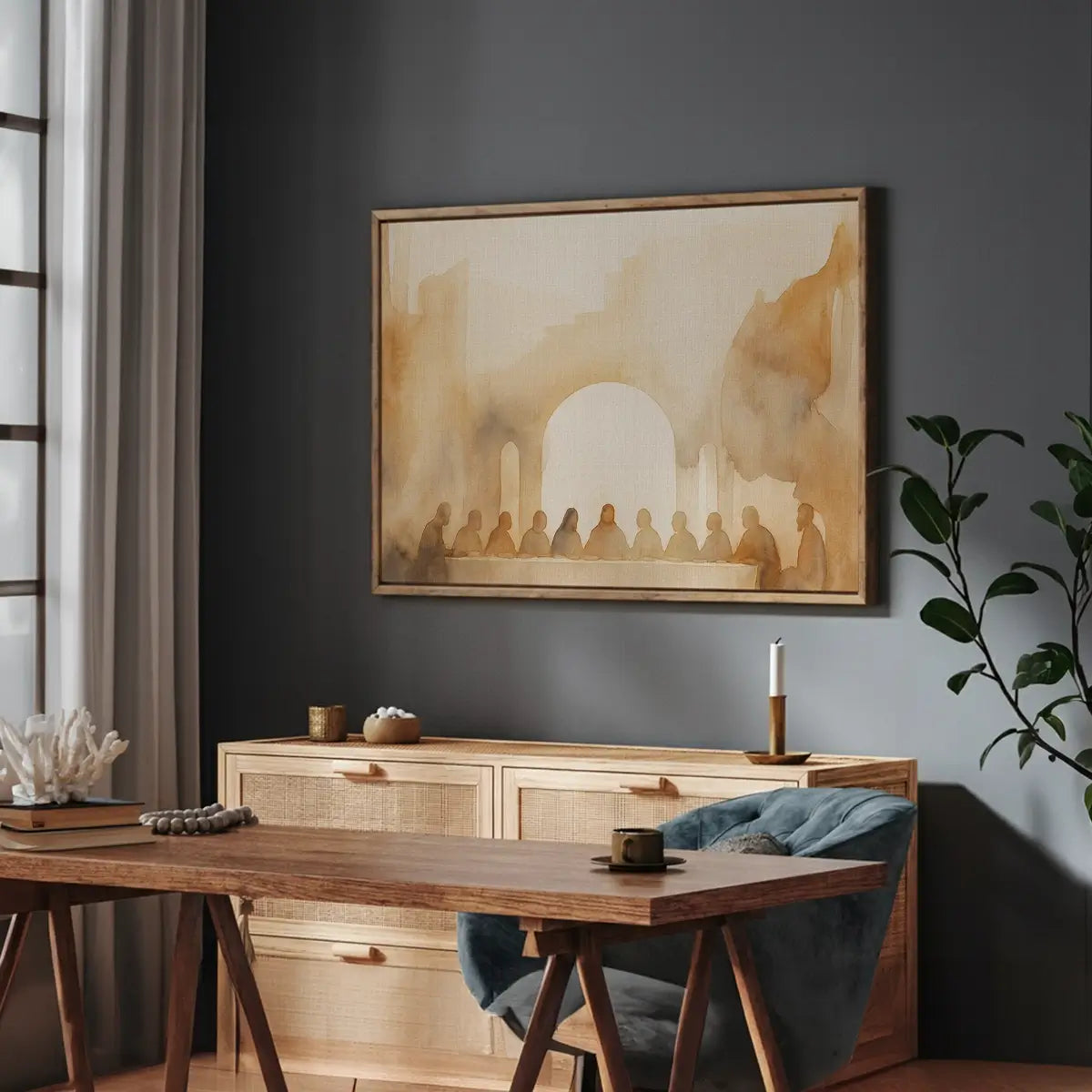 Faith-inspired narrative Christian canvas art in a quiet prayer space