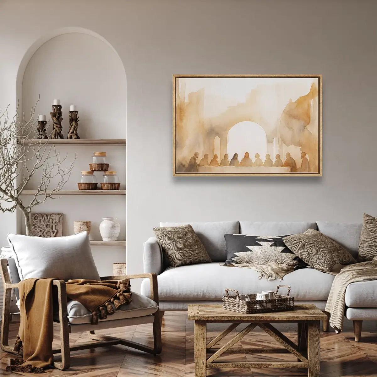 Minimalist Last Supper Christian wall art displayed in a modern living room