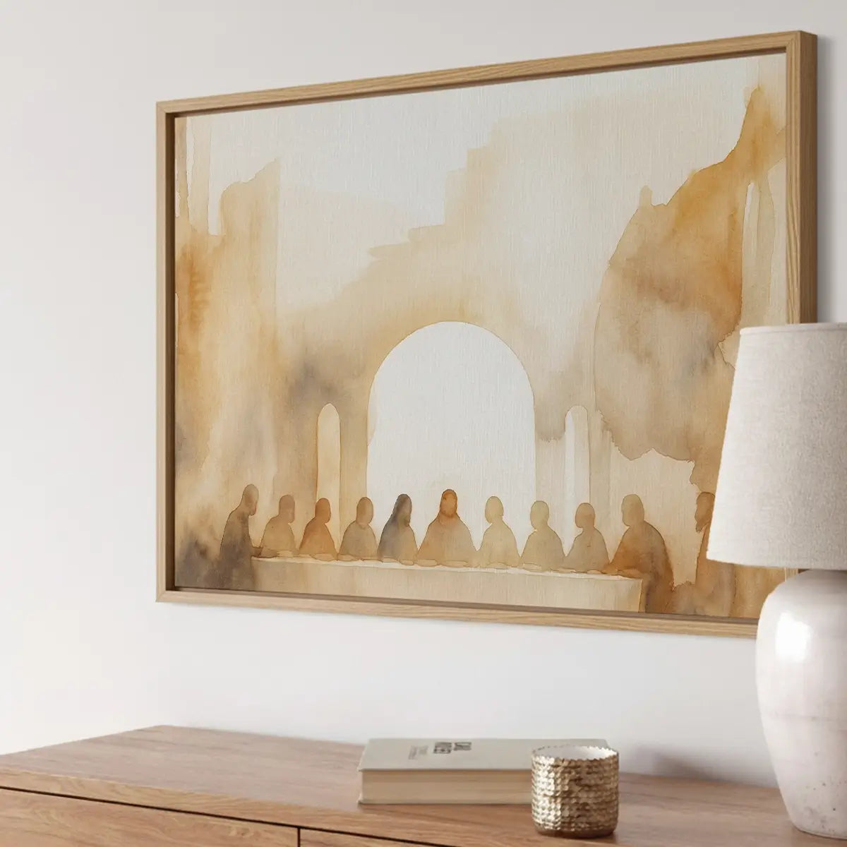 Narrative Christian canvas wall art depicting the Last Supper in minimalist watercolor style