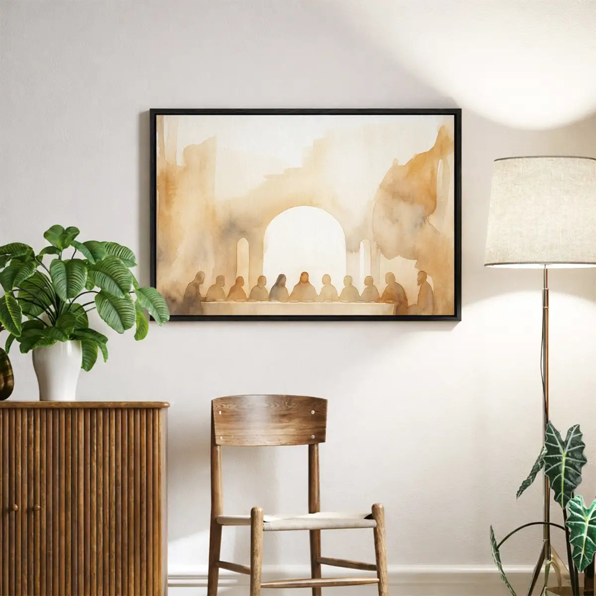 Narrative Christian canvas wall art depicting the Last Supper in minimalist watercolor style