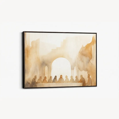 Narrative Christian canvas wall art depicting the Last Supper in minimalist watercolor style