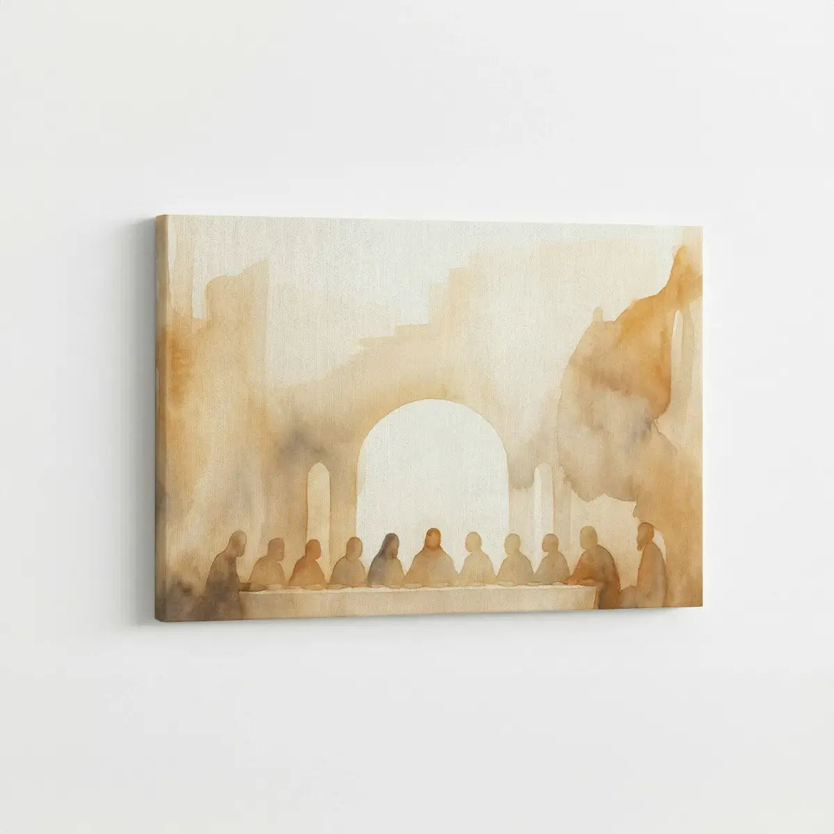Narrative Christian canvas wall art depicting the Last Supper in minimalist watercolor style