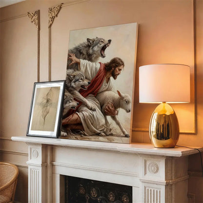 Jesus saves the lamb Christian canvas art depicting the Good Shepherd