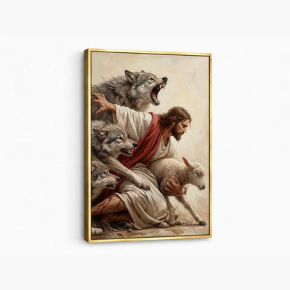 Jesus saves the lamb Christian canvas art depicting the Good Shepherd