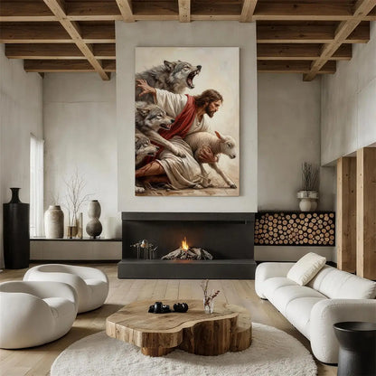 Jesus saves the lamb Christian canvas art depicting the Good Shepherd
