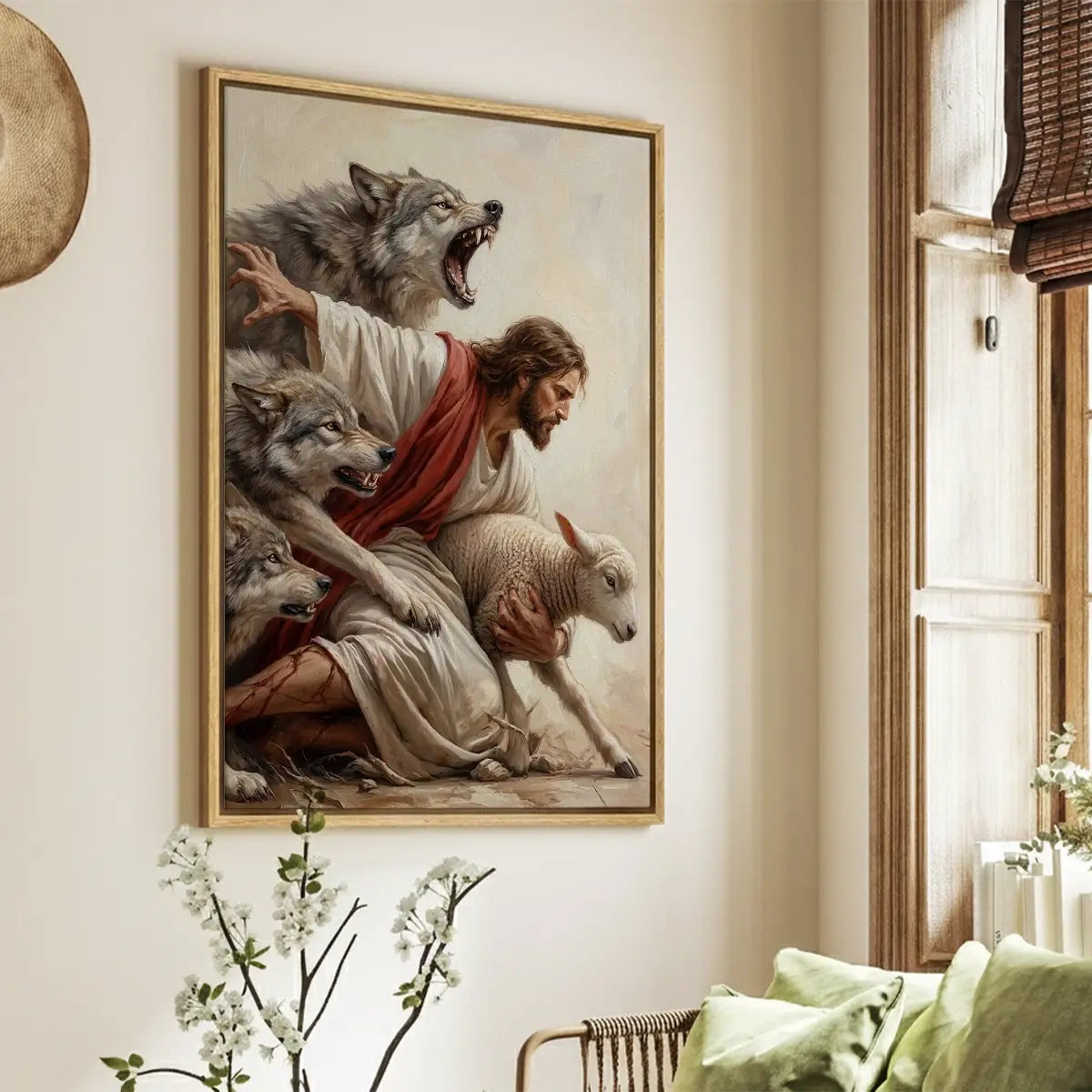 Jesus saves the lamb Christian canvas art depicting the Good Shepherd